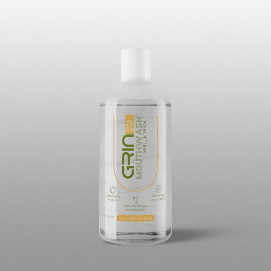 GRIN Tropical Citrus Mouthwash with 2x Plaque Reduction | 24-Hour Fresh Breath |  Alcohol-Free & Antioxidant-Rich Formula | Soothes Gums in one Use | 300 ML  Bottle