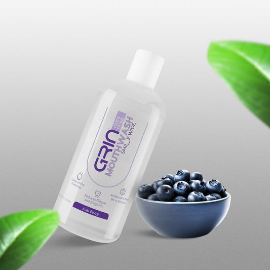 GRIN Acai Berry Mouthwash with 2x Plaque Reduction | 24-Hour Fresh Breath |  Alcohol-Free & Antioxidant-Rich Formula | Soothes Gums in one Use | 300 mL  Bottle