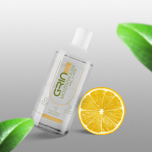 GRIN Tropical Citrus Mouthwash with 2x Plaque Reduction | 24-Hour Fresh Breath |  Alcohol-Free & Antioxidant-Rich Formula | Soothes Gums in one Use | 300 ML  Bottle