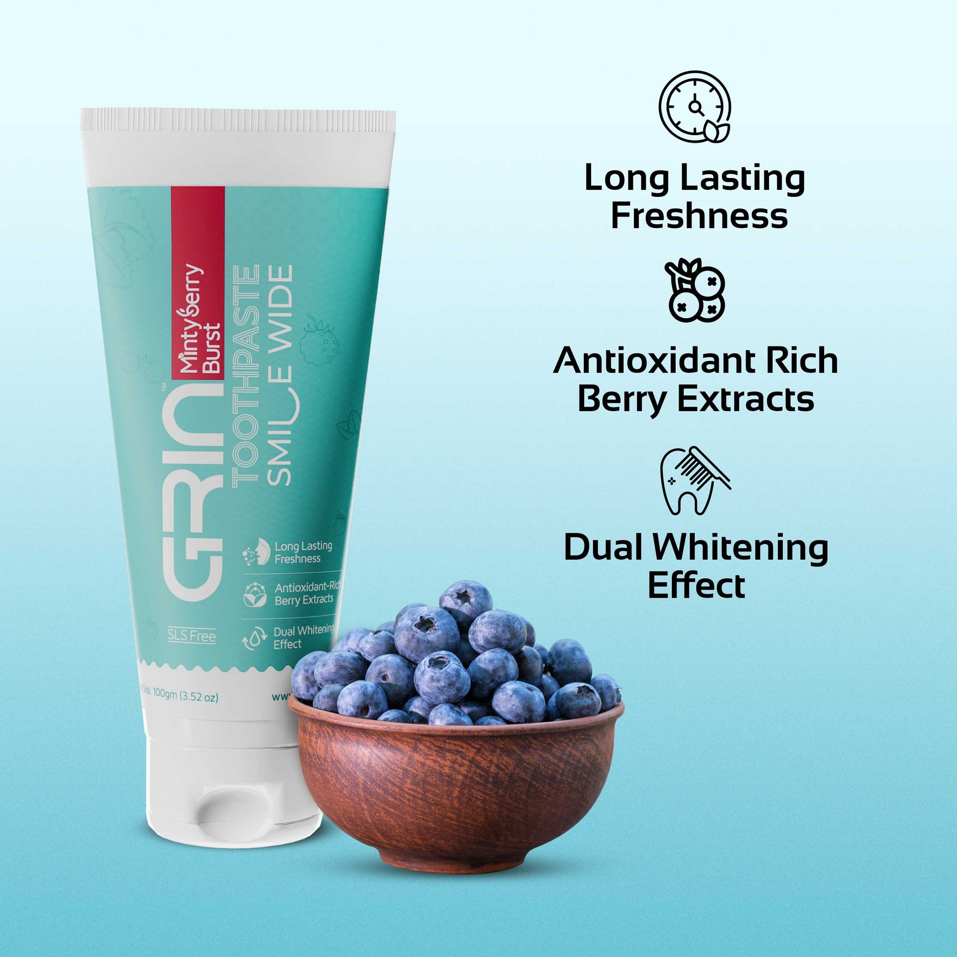 GRIN Minty Berry Burst Toothpaste with Vitamin C | Gentle Whitening & Fresh  Breath | Natural Ingredients | Fluoride-Free | Safe for Daily Use | 100 g Tube