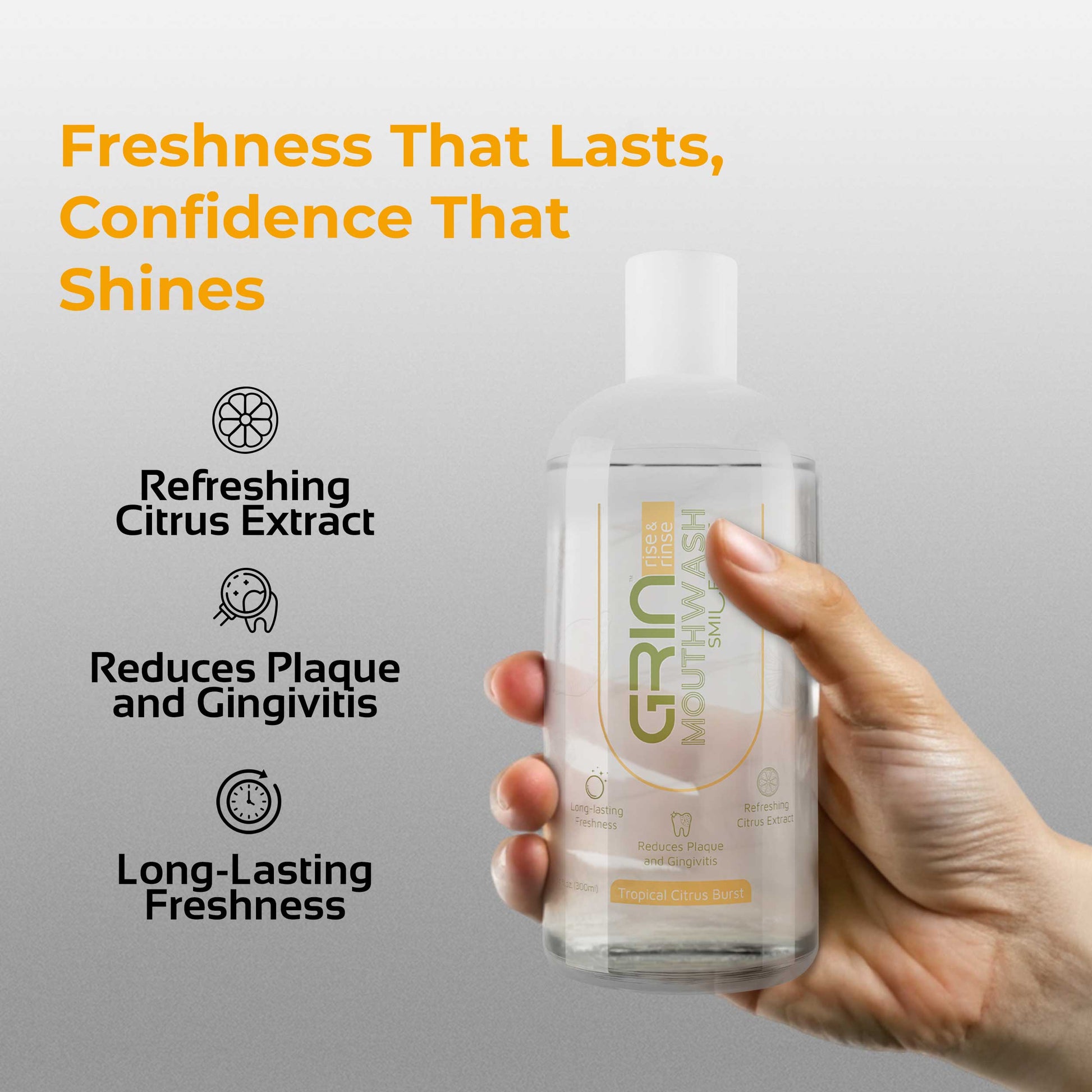 GRIN Tropical Citrus Mouthwash with 2x Plaque Reduction | 24-Hour Fresh Breath |  Alcohol-Free & Antioxidant-Rich Formula | Soothes Gums in one Use | 300 ML  Bottle