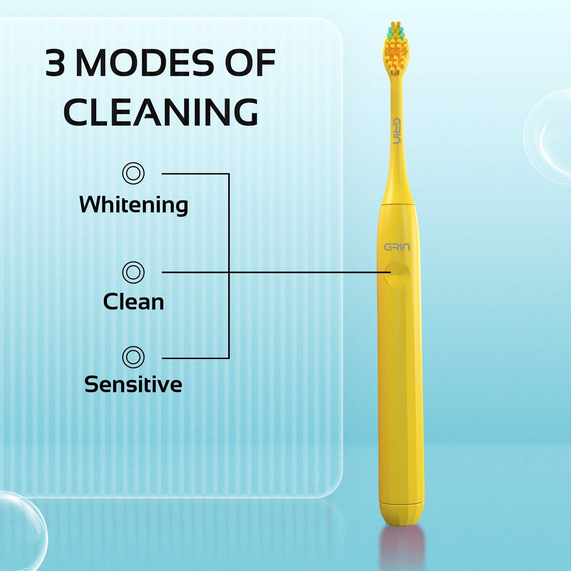 GRIN Technology Electric Toothbrush with 5x Plaque Removal Power | Yellow | 3 Brushing Modes (Whitening, Clean, Sensitive) | 6-Month Battery Life | IPX7 Waterproof | 2 Replacement Heads & Travel Case