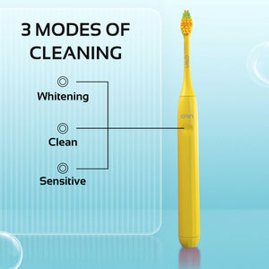 GRIN Technology Electric Toothbrush with 5x Plaque Removal Power | Yellow | 3 Brushing Modes (Whitening, Clean, Sensitive) | 6-Month Battery Life | IPX7 Waterproof | 2 Replacement Heads & Travel Case