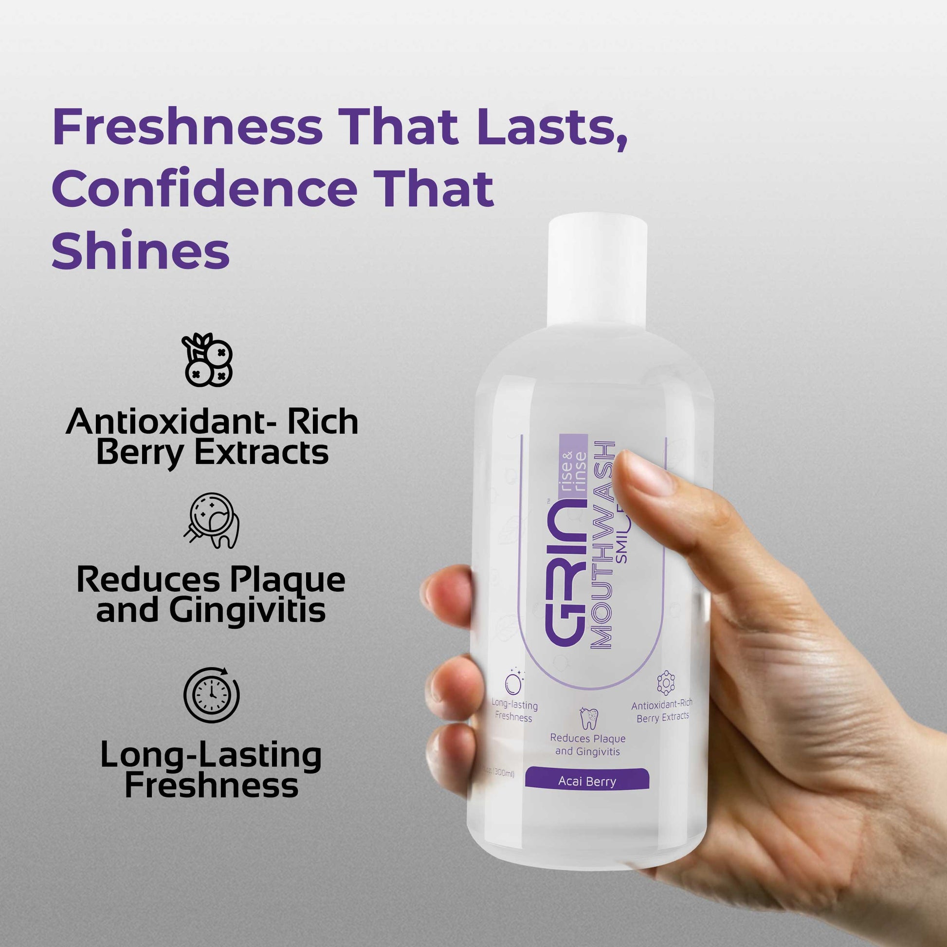 GRIN Acai Berry Mouthwash with 2x Plaque Reduction | 24-Hour Fresh Breath |  Alcohol-Free & Antioxidant-Rich Formula | Soothes Gums in one Use | 300 mL  Bottle