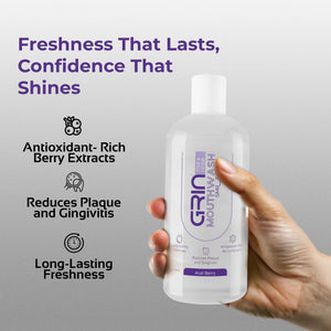 GRIN Acai Berry Mouthwash with 2x Plaque Reduction | 24-Hour Fresh Breath |  Alcohol-Free & Antioxidant-Rich Formula | Soothes Gums in one Use | 300 mL  Bottle