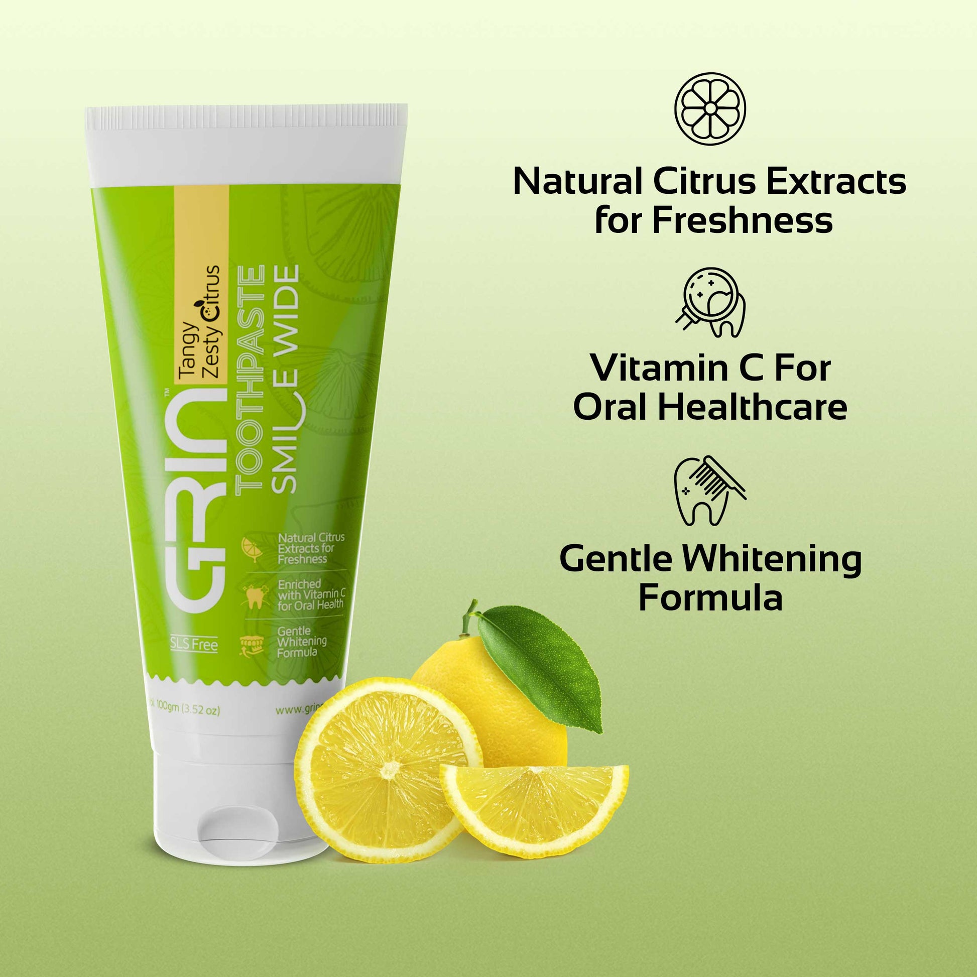 GRIN Tangy Zesty Citrus Toothpaste with Vitamin C | Gentle Whitening & Fresh  Breath | Natural Ingredients | Fluoride-Free | Safe for Daily Use | 100 g Tube