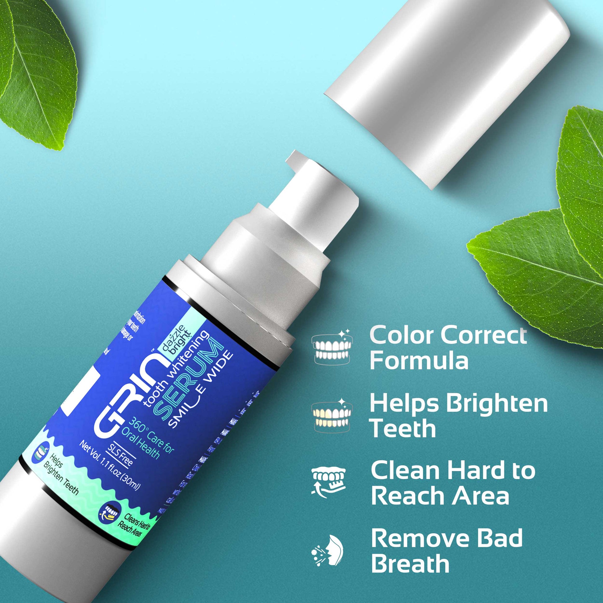 GRIN Dazzle Bright Teeth Whitening Serum | 360° Oral Care | SLS-Free & Non Invasive Formula | Removes Stains & Boosts Confidence | Net Wt. 1.01 fl. oz (30 mL)