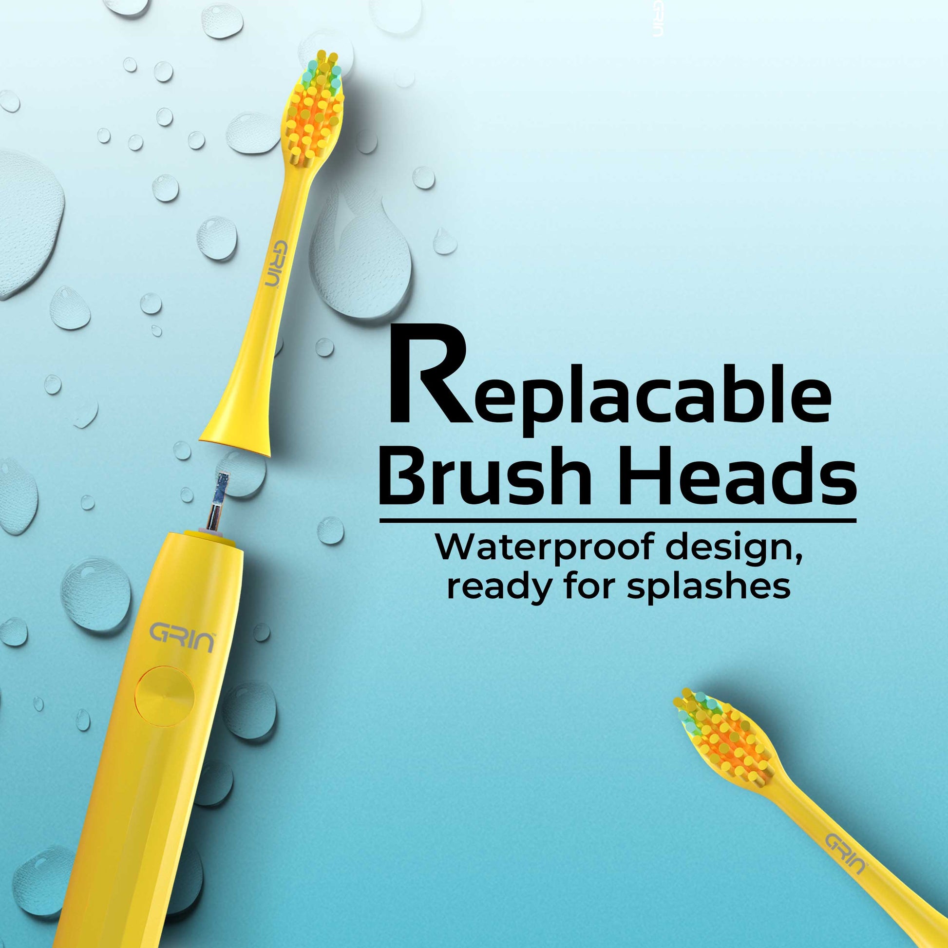 GRIN Technology Electric Toothbrush with 5x Plaque Removal Power | Yellow | 3 Brushing Modes (Whitening, Clean, Sensitive) | 6-Month Battery Life | IPX7 Waterproof | 2 Replacement Heads & Travel Case